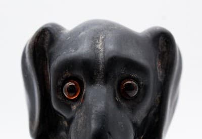Antique Ceramic Pottery Black Sitting Dachshund Dog Glass Eyes Bank - Thumbnail 3