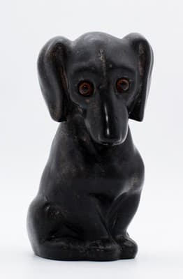 Antique Ceramic Pottery Black Sitting Dachshund Dog Glass Eyes Bank - Thumbnail 12