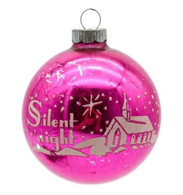 Shiny Brite Silent Night Stencil Cottage Pink Glass Ball Christmas Ornament - Image 1