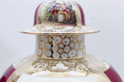 Pair Of Antique Dresden Germany Hand Painted Gilt Courting Covered Vases Urns - Thumbnail 10