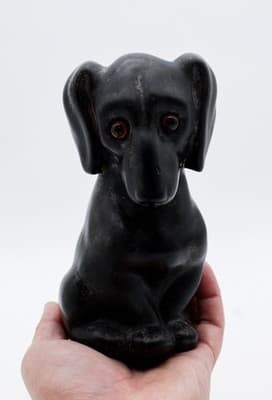 Antique Ceramic Pottery Black Sitting Dachshund Dog Glass Eyes Bank - Thumbnail 2