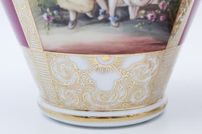 Pair Of Antique Dresden Germany Hand Painted Gilt Courting Covered Vases Urns - Thumbnail 8