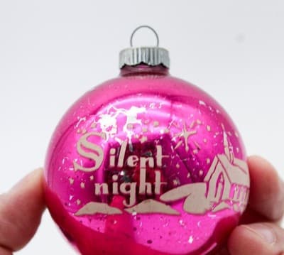 Shiny Brite Silent Night Stencil Cottage Pink Glass Ball Christmas Ornament - Thumbnail 2