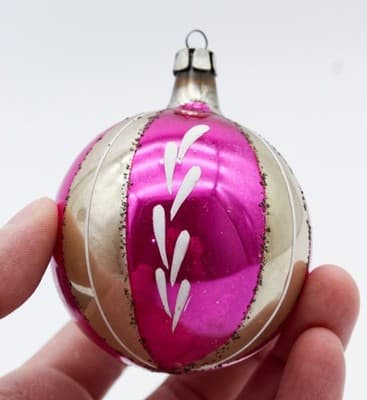 Vintage Made In Poland Handcrafted Pink & Gold Stripe Mica Glass Ornament - Thumbnail 2