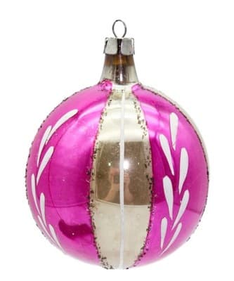 Vintage Made In Poland Handcrafted Pink & Gold Stripe Mica Glass Ornament - Image 1