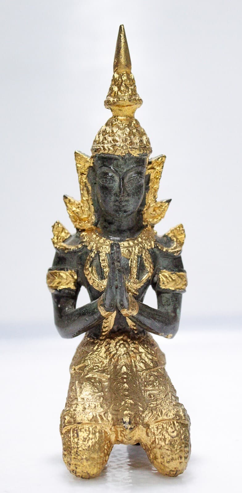 Vintage Old Bronze Praying Buddha Gold Gilt Small Sculpture Figurine - Thumbnail 3