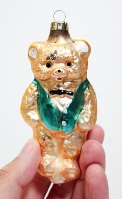 Vintage Gold Teddy Bear With Bowtie Glass Christmas Ornament - Thumbnail 2