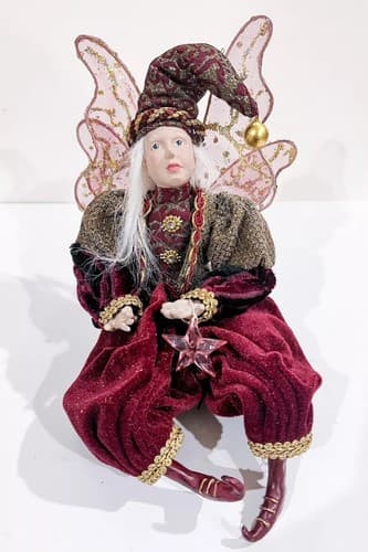 RARE Vintage Victorian Style Fairy Holiday Doll Red Velvet Shelf Sitter Figurine - Thumbnail 2