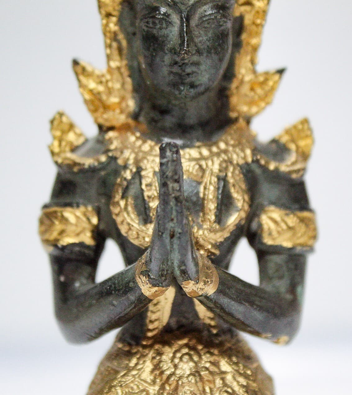 Vintage Old Bronze Praying Buddha Gold Gilt Small Sculpture Figurine - Thumbnail 5