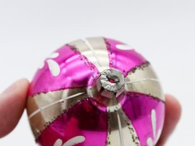 Vintage Made In Poland Handcrafted Pink & Gold Stripe Mica Glass Ornament - Thumbnail 3