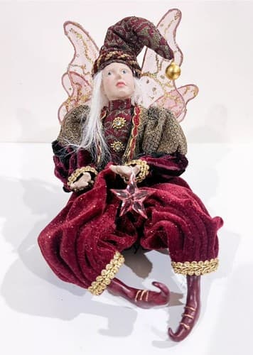 RARE Vintage Victorian Style Fairy Holiday Doll Red Velvet Shelf Sitter Figurine - Thumbnail 3