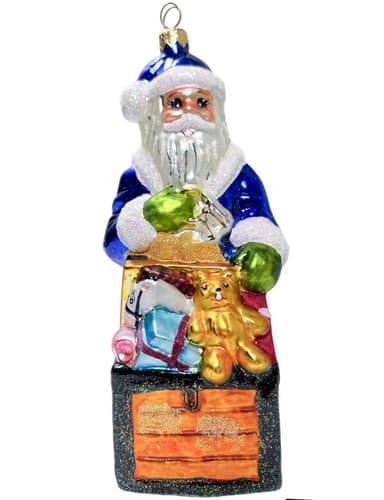 CHRISTOPHER RADKO Blue Santa "Toy Chest" Christmas Glass Ornament - Image 1