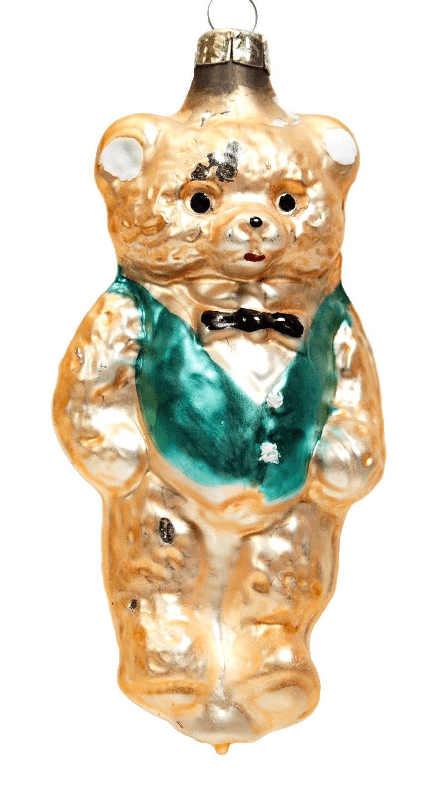 Vintage Gold Teddy Bear With Bowtie Glass Christmas Ornament - Image 1