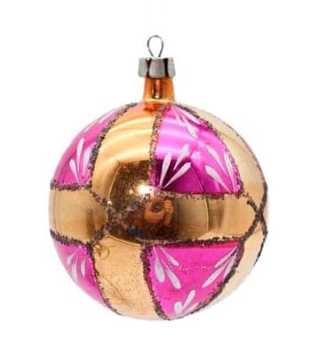 Vintage Poland Hand Painted Mica Stencil Pink Gold Glass Christmas Ornament - Image 1