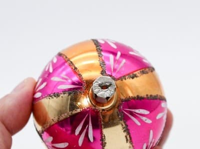 Vintage Poland Hand Painted Mica Stencil Pink Gold Glass Christmas Ornament - Thumbnail 4