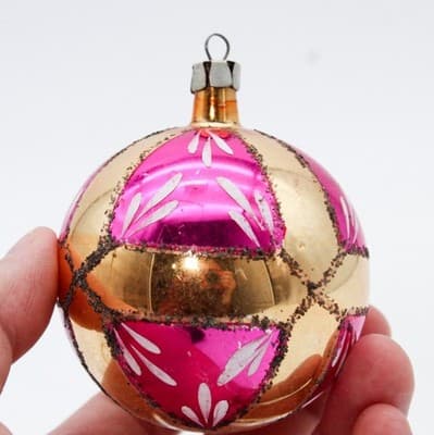 Vintage Poland Hand Painted Mica Stencil Pink Gold Glass Christmas Ornament - Thumbnail 3