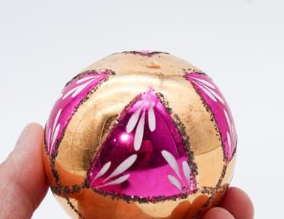 Vintage Poland Hand Painted Mica Stencil Pink Gold Glass Christmas Ornament - Thumbnail 5