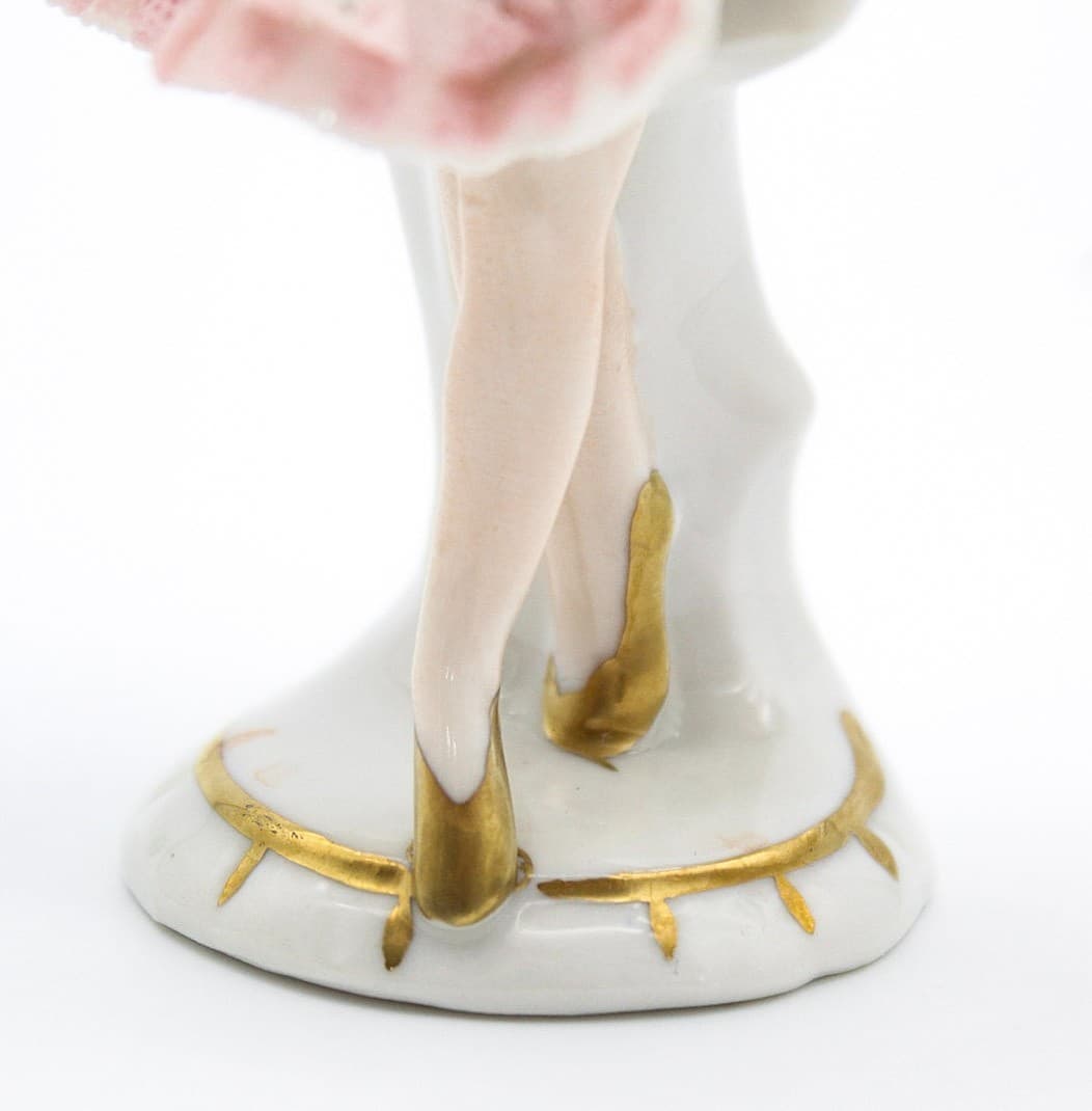 Volkstedt Germany Dresden Hand Painted Ballerina Dancer Laced Porcelain Figurine - Thumbnail 4