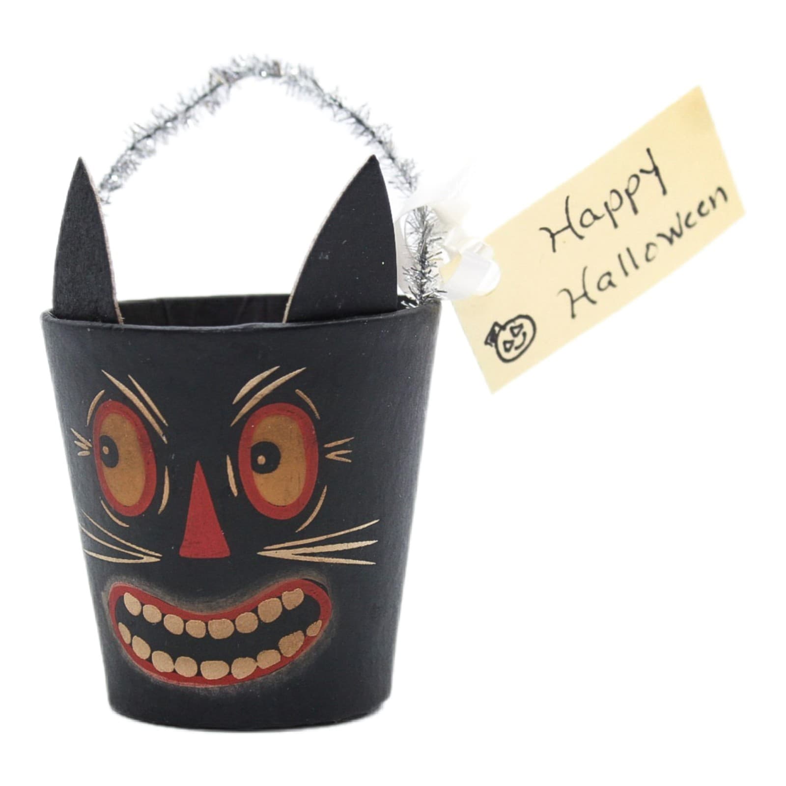Bethany Lowe Designs Halloween Paper Mache Cat Small Bucket Container - Image 1
