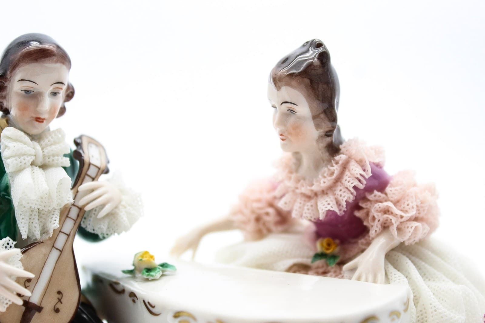 Dresden Germany Antique Romantic Scene Laced Hand Painted Porcelain Figurine - Thumbnail 2