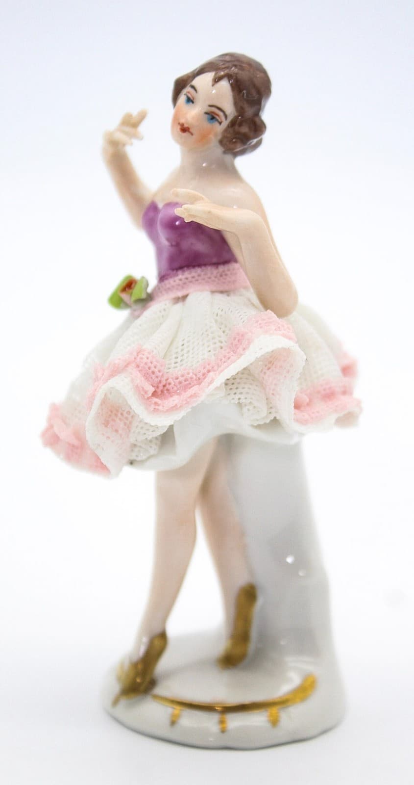 Volkstedt Germany Dresden Hand Painted Ballerina Dancer Laced Porcelain Figurine - Thumbnail 2