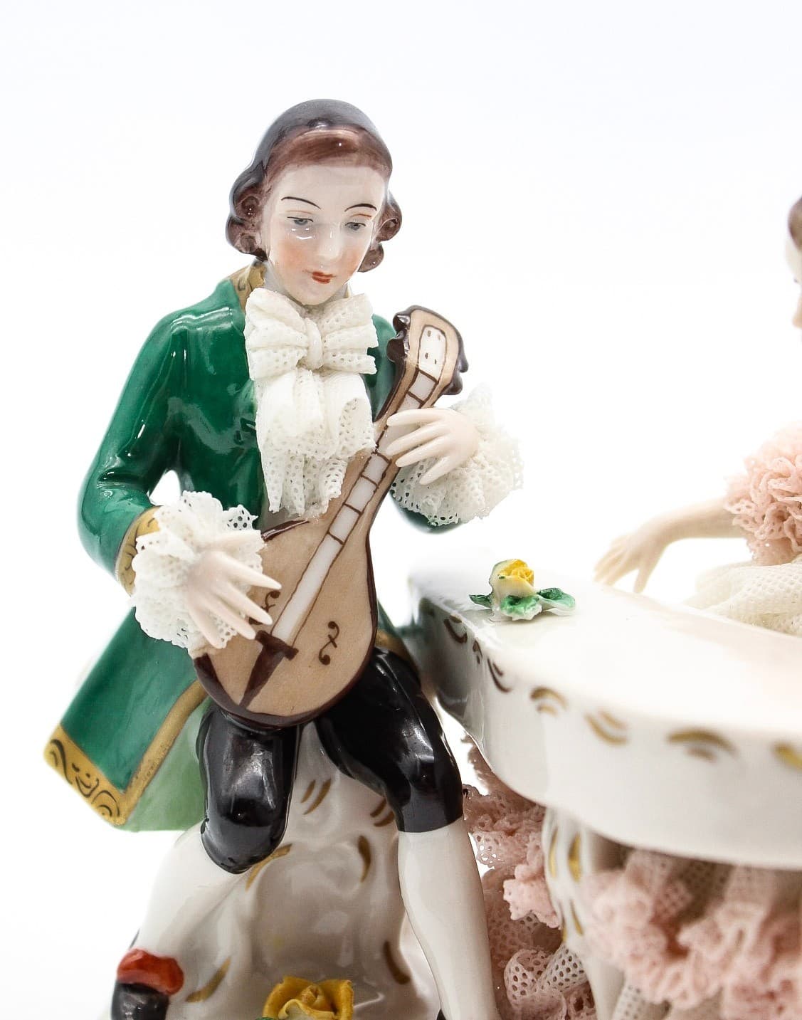 Dresden Germany Antique Romantic Scene Laced Hand Painted Porcelain Figurine - Thumbnail 9