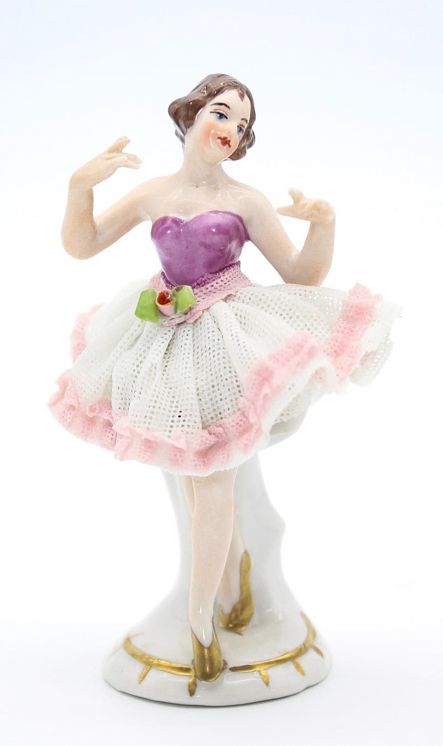 Volkstedt Germany Dresden Hand Painted Ballerina Dancer Laced Porcelain Figurine - Thumbnail 8