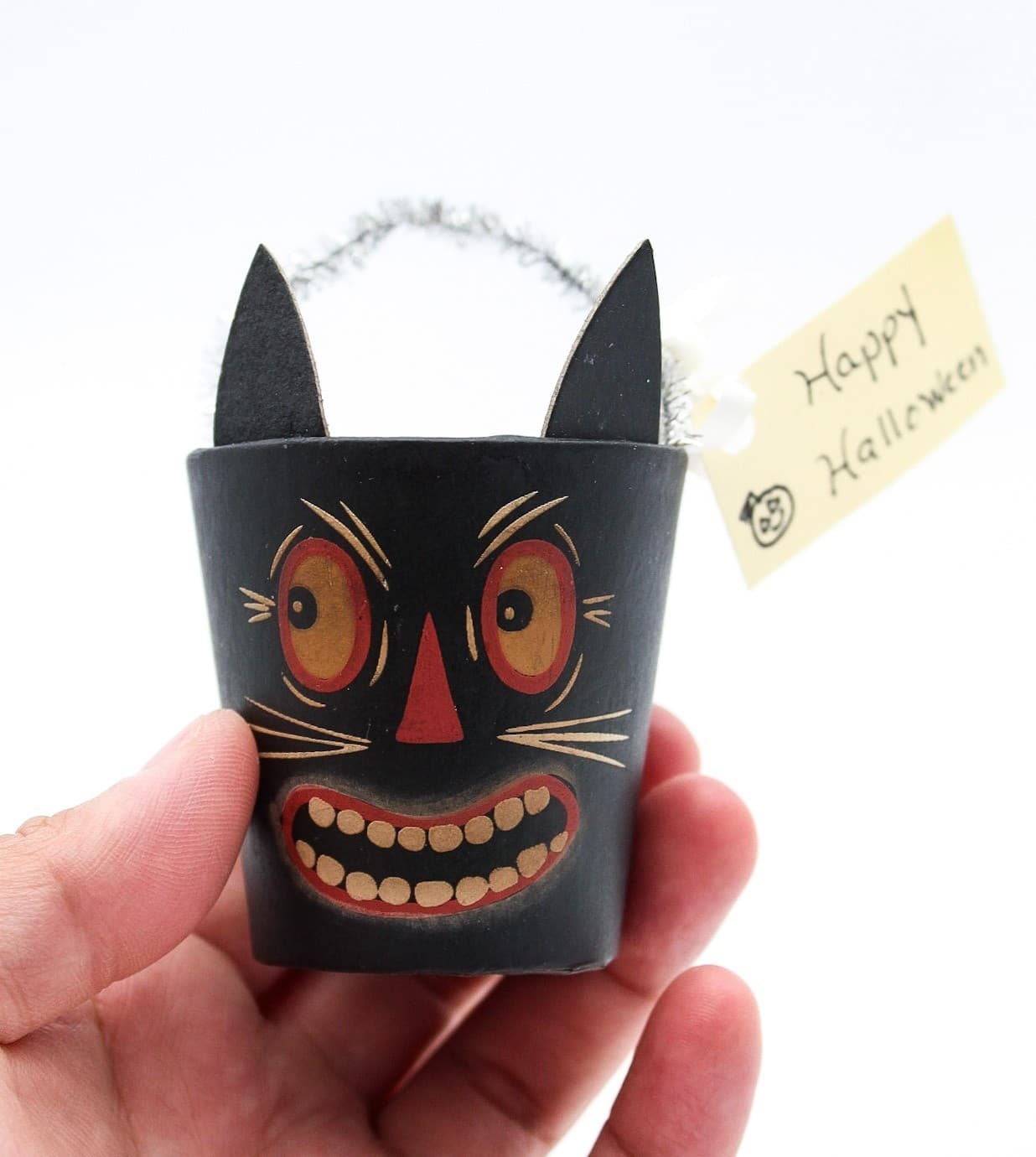 Bethany Lowe Designs Halloween Paper Mache Cat Small Bucket Container - Thumbnail 2