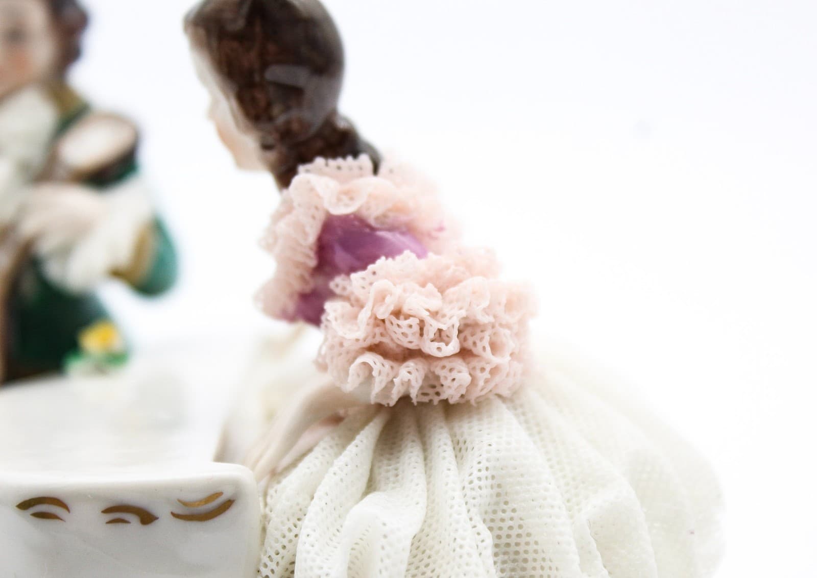 Dresden Germany Antique Romantic Scene Laced Hand Painted Porcelain Figurine - Thumbnail 3