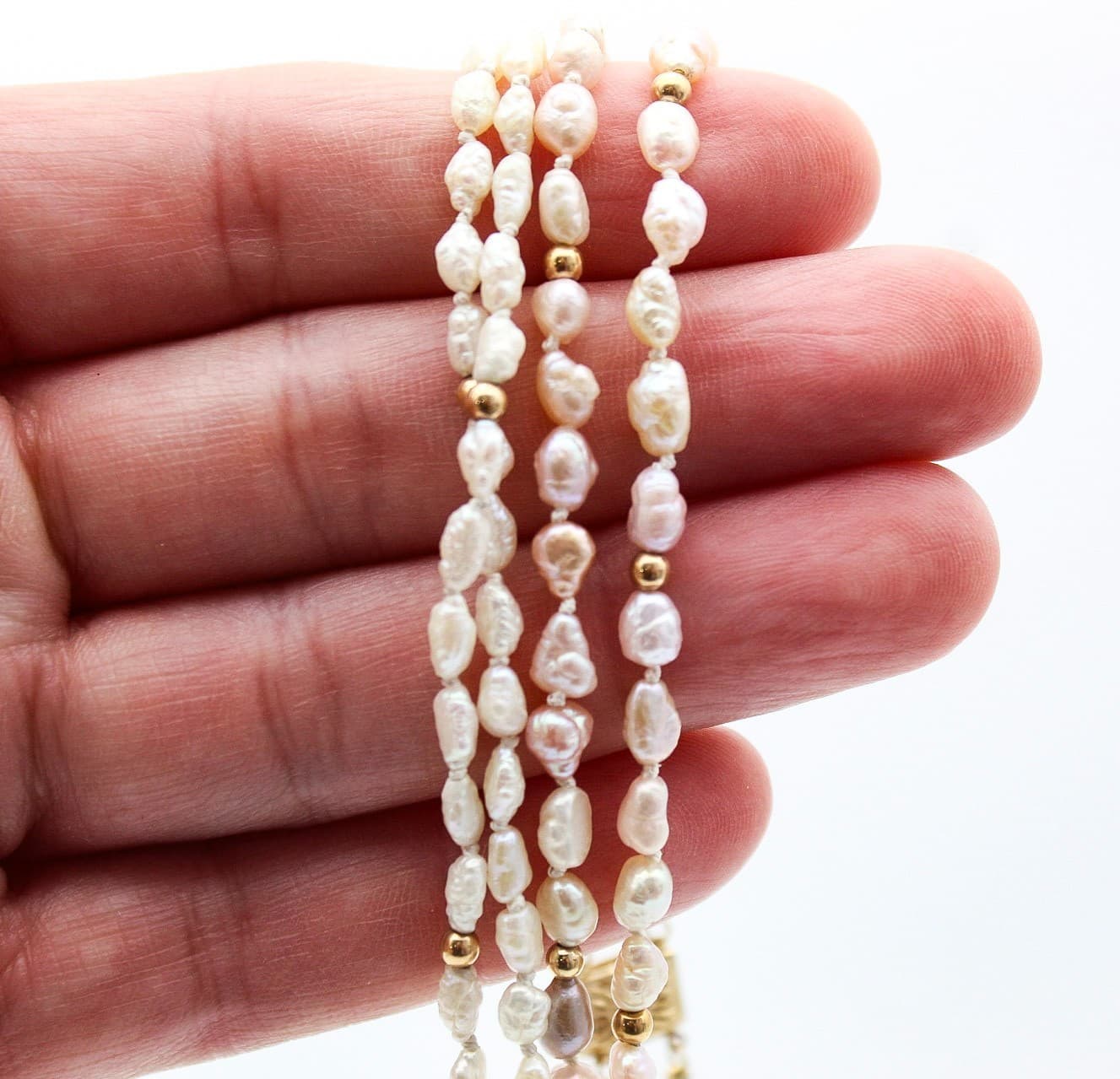 Vintage 14K Gold Multi-Strand Freshwater Pearl Hand Carved Cameo Shell Necklace - Thumbnail 9