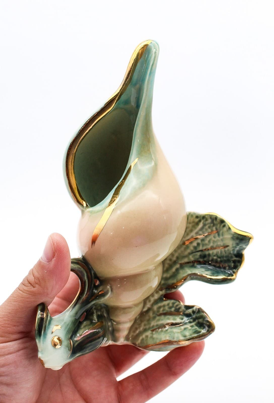Vintage Hull Pottery Ebb Tide Pink Green Gold Trim Conch Shell Vase - Thumbnail 7
