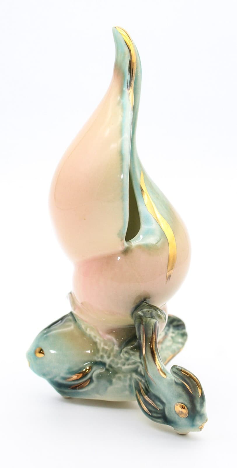 Vintage Hull Pottery Ebb Tide Pink Green Gold Trim Conch Shell Vase - Thumbnail 2