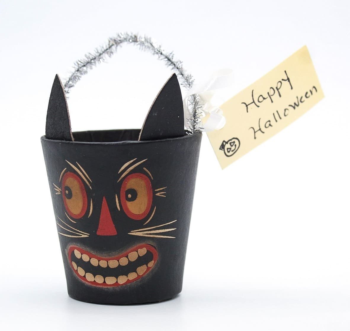 Bethany Lowe Designs Halloween Paper Mache Cat Small Bucket Container - Thumbnail 6