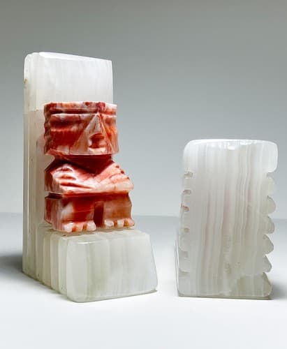 Mid-Century Hand Carved Natural Stone Geometrical Heavy Aztec Pair of Bookends - Thumbnail 3