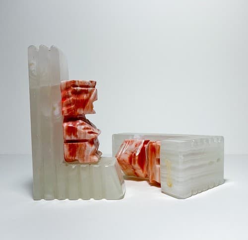 Mid-Century Hand Carved Natural Stone Geometrical Heavy Aztec Pair of Bookends - Thumbnail 2