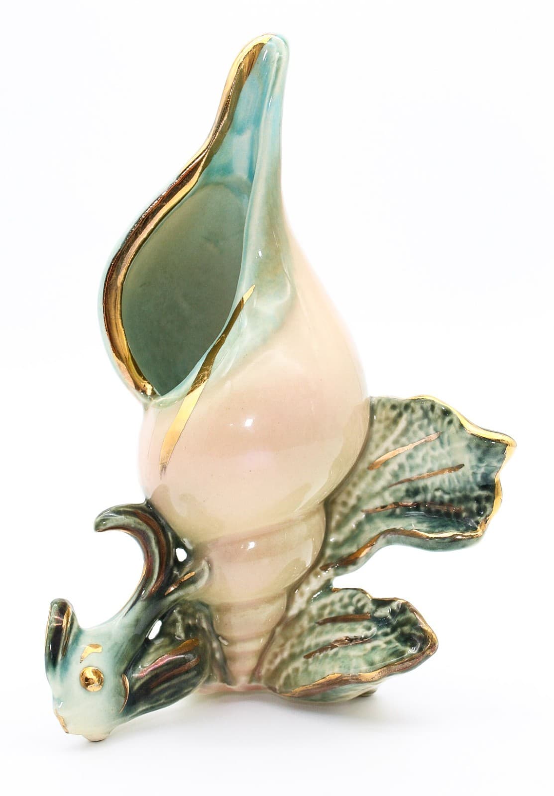 Vintage Hull Pottery Ebb Tide Pink Green Gold Trim Conch Shell Vase - Thumbnail 8