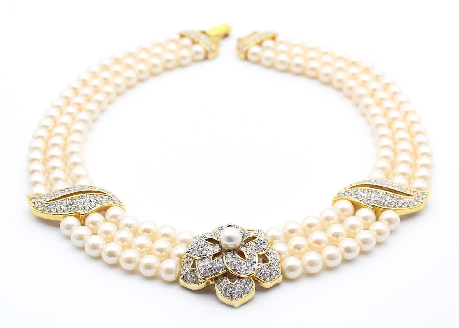 Franklin Mint Passion For Pearls Triple Strand Rhinestone Necklace Joan Collins - Thumbnail 7