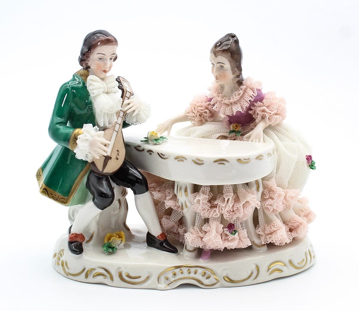 Dresden Germany Antique Romantic Scene Laced Hand Painted Porcelain Figurine - Thumbnail 10