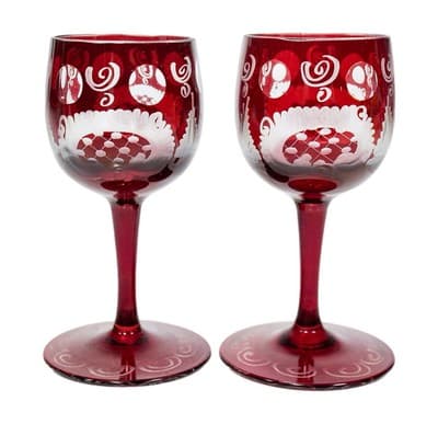 Set of 2 Antique Bohemian Cut To Clear Ruby Crystal Cordial Glasses - Image 1
