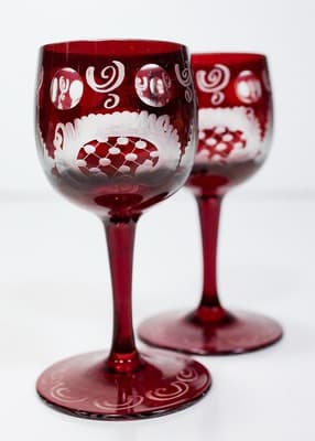 Set of 2 Antique Bohemian Cut To Clear Ruby Crystal Cordial Glasses - Thumbnail 3
