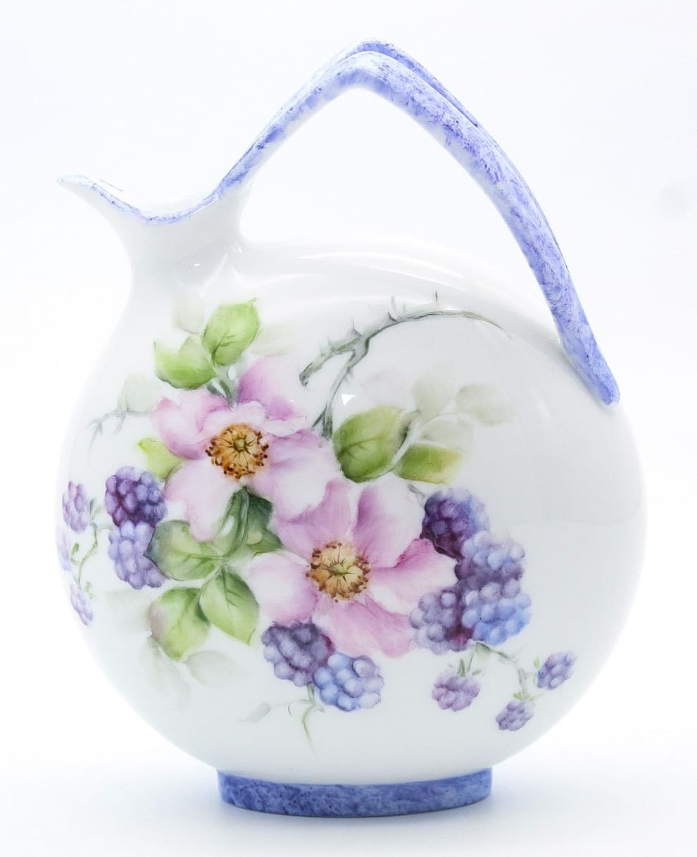 Vintage Hand Painted Flowers & Fruits Porcelain Vase Jug By Christine Filpi - Thumbnail 7