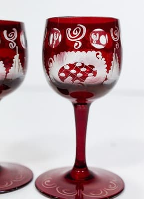 Set of 2 Antique Bohemian Cut To Clear Ruby Crystal Cordial Glasses - Thumbnail 2