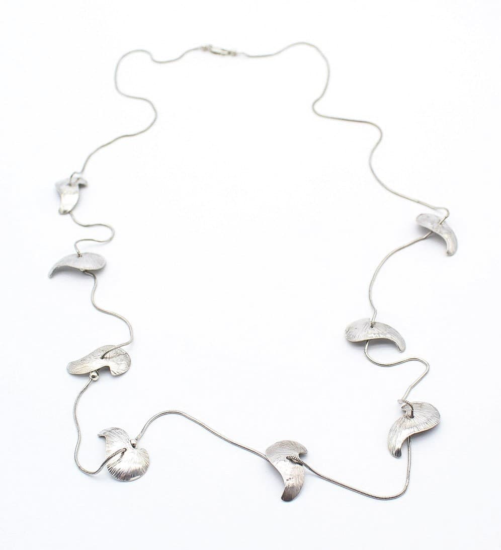 Vintage Sterling Silver 925 Organic Floating Leaf Motif Long Statement Necklace - Thumbnail 8