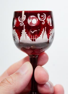 Set of 2 Antique Bohemian Cut To Clear Ruby Crystal Cordial Glasses - Thumbnail 6