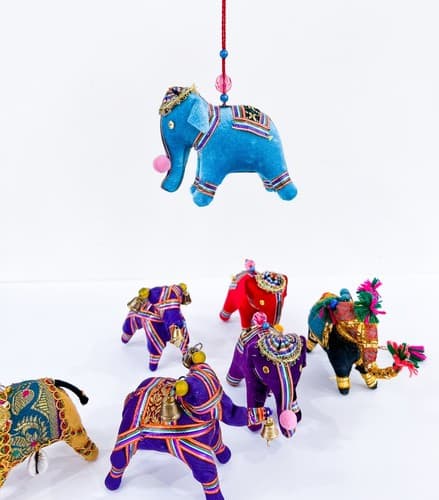 Lot of 7 Vintage Handmade Beaded Embroidery Indian Elephant Satin Ornaments - Thumbnail 16