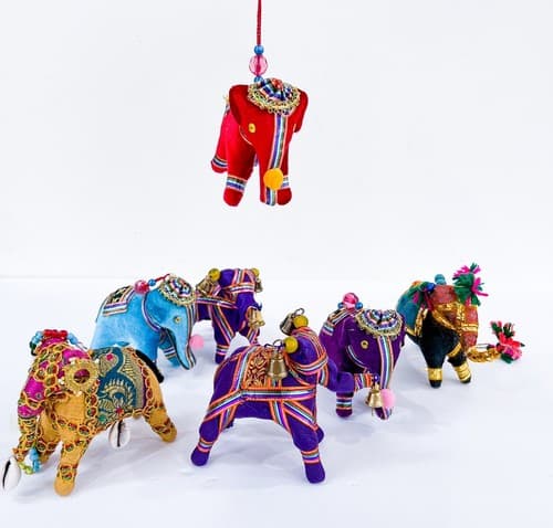 Lot of 7 Vintage Handmade Beaded Embroidery Indian Elephant Satin Ornaments - Thumbnail 17