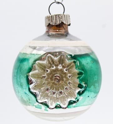 Shiny Brite Vintage Double Reflector Green Stripe Glass Christmas Ornament - Thumbnail 2