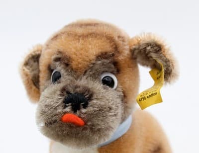 Steiff Mopsy Vintage Germany Mohair Sitting Dog Plush Stuffed Animal Glass Eyes - Thumbnail 2