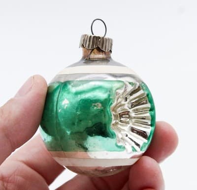Shiny Brite Vintage Double Reflector Green Stripe Glass Christmas Ornament - Thumbnail 3
