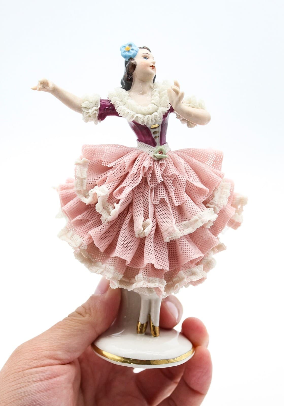Vintage Dresden Wilhelm Rittirsch German Porcelain Lace Pink Dancer Figurine - Thumbnail 10